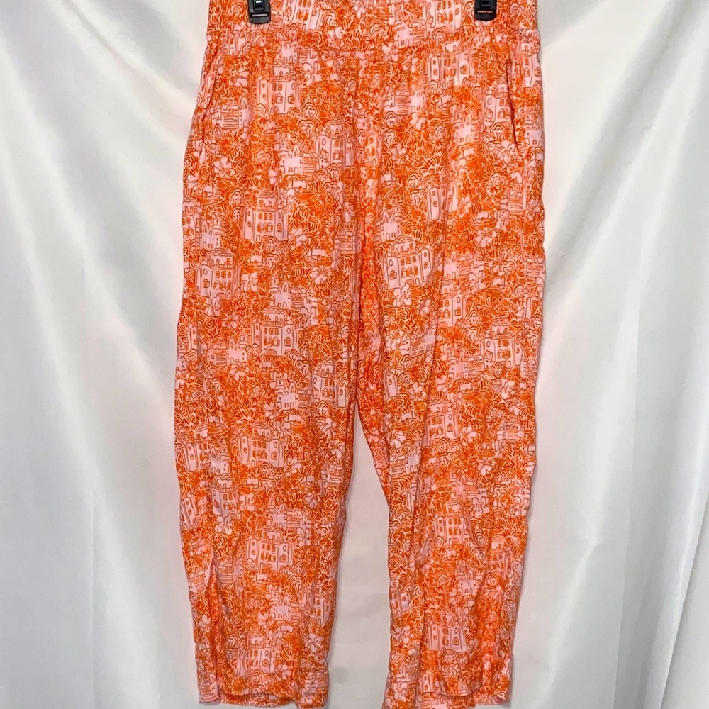 CYNTHIA ROWLEY WO LARGE‎ 100% LINEN SOFT ORANGE VILLAGE PRINT ANKLE PANTS CLEAN